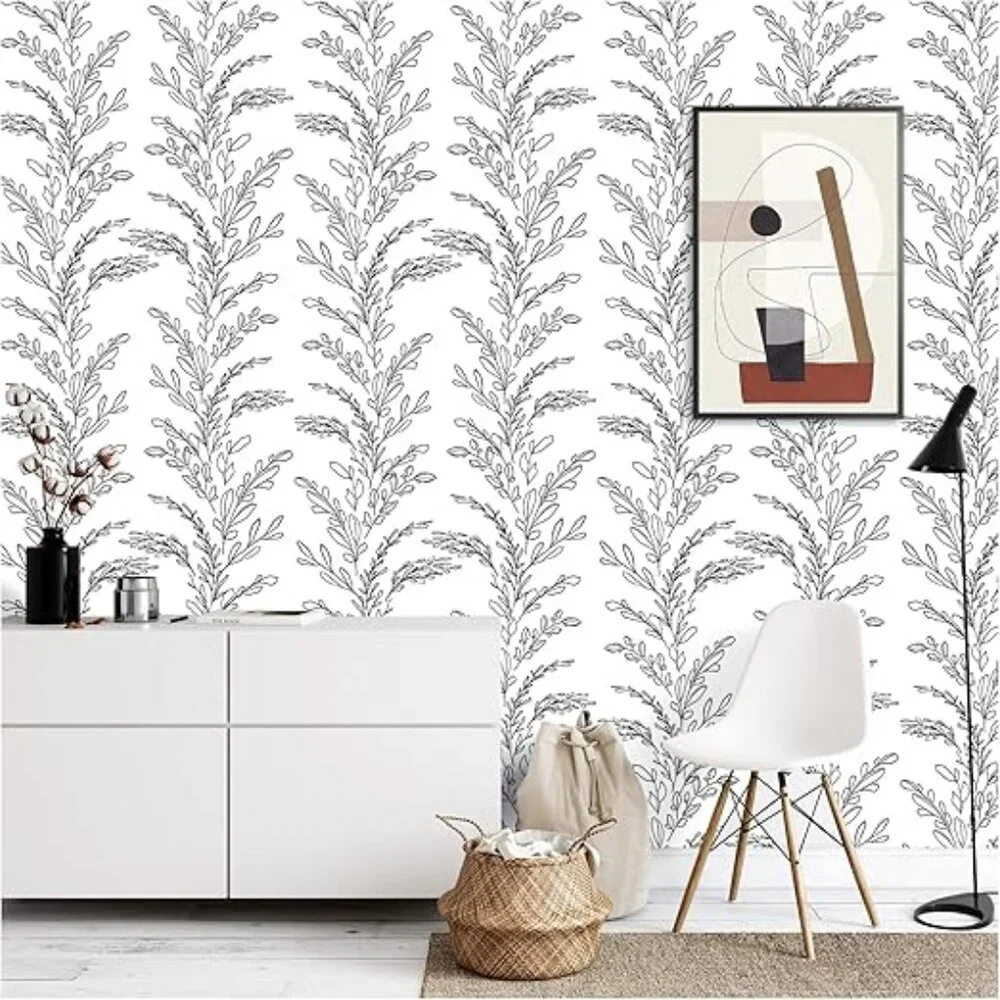 HaokHome Sketched Floral Wallpaper | Peel & Stick Black/White Vinyl 17.7